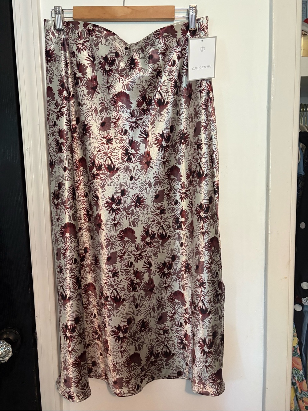 Floral Satin Midi Skirt in Metallic Silver and Burgundy